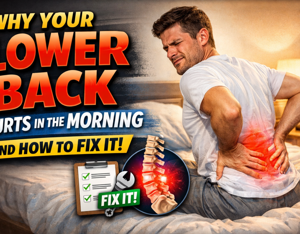 Person holding their lower back in pain after waking up in bed