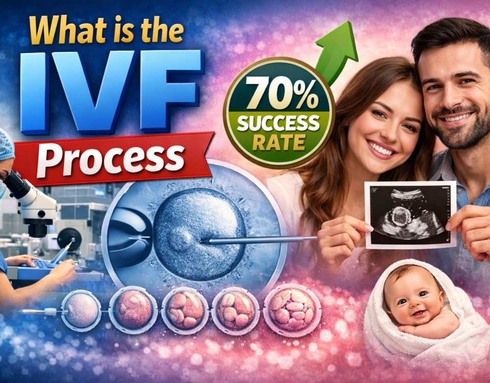 Illustration showing the IVF process steps from egg retrieval to embryo transfer.