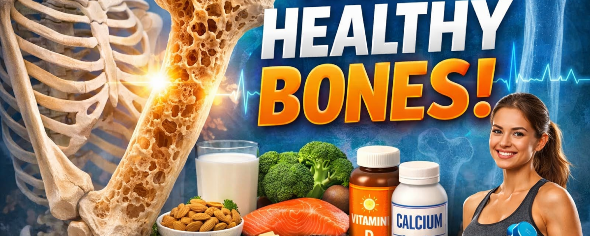 Tips for healthy bones showing diet, exercise, and strong bone care habits