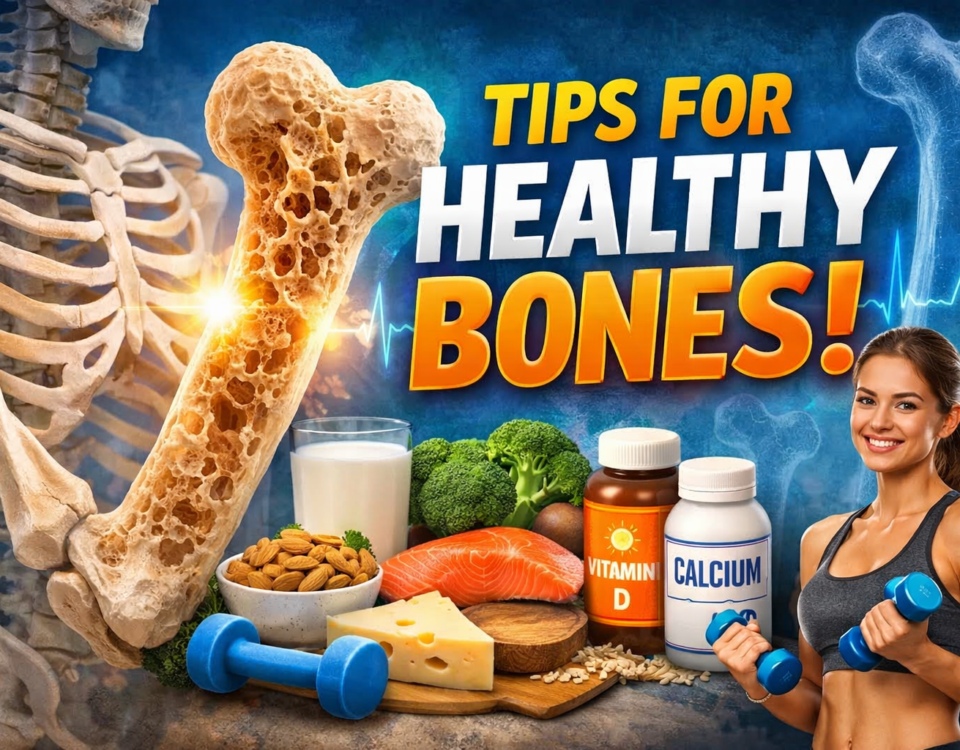 Tips for healthy bones showing diet, exercise, and strong bone care habits