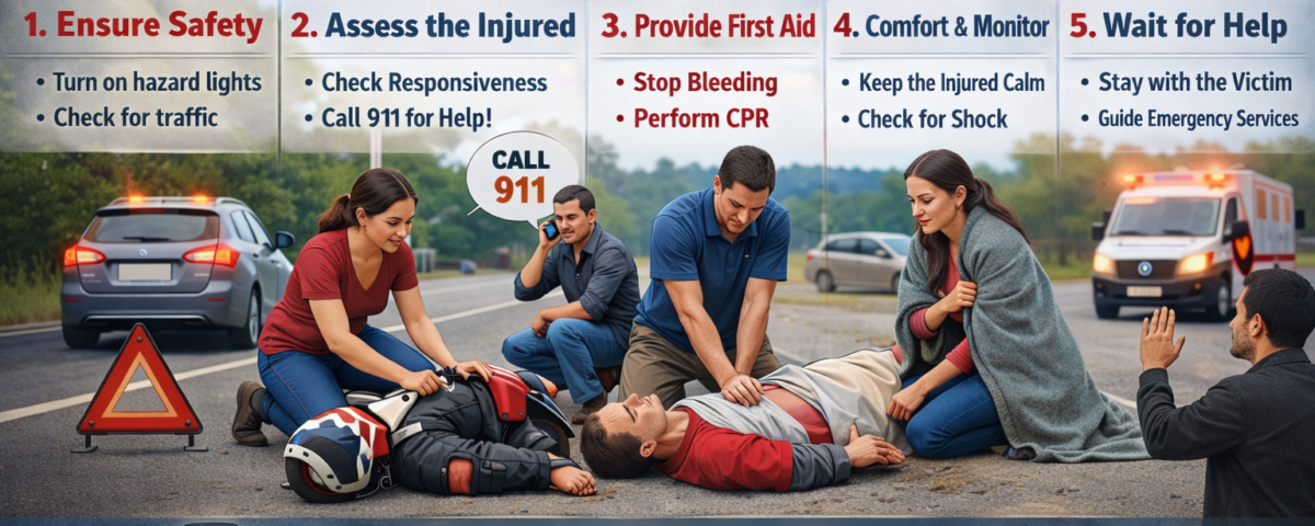 Person giving first aid to injured victim after roadside accident