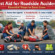 Person giving first aid to injured victim after roadside accident