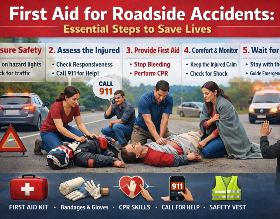 Person giving first aid to injured victim after roadside accident