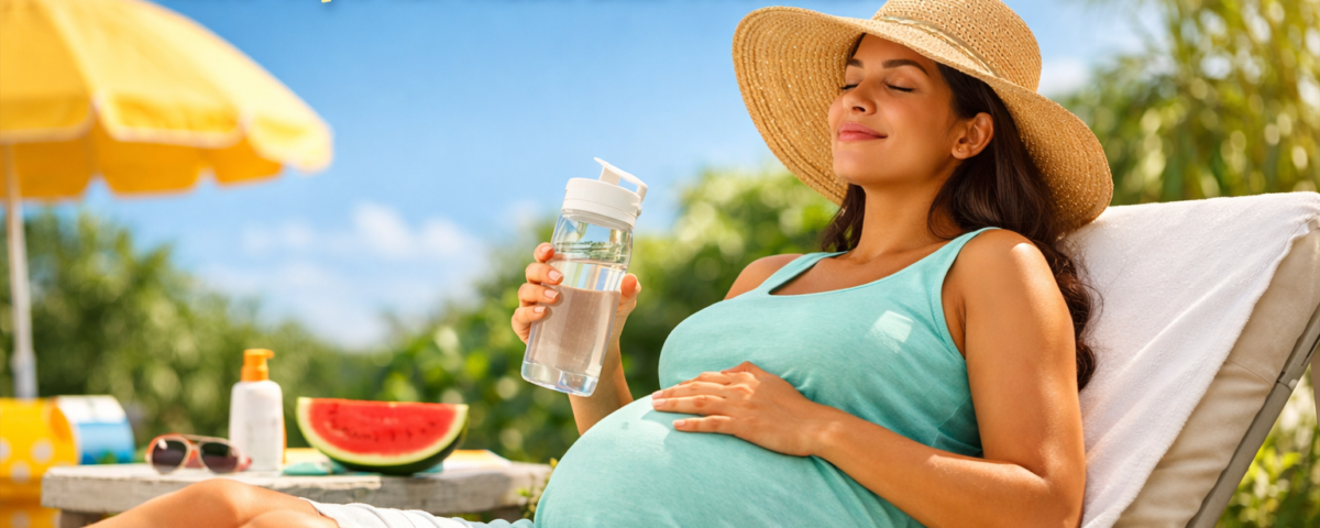 Pregnant woman following summer pregnancy care tips to stay cool and hydrated during hot weather