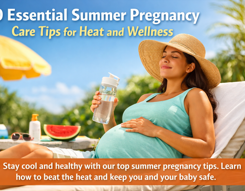 Pregnant woman following summer pregnancy care tips to stay cool and hydrated during hot weather
