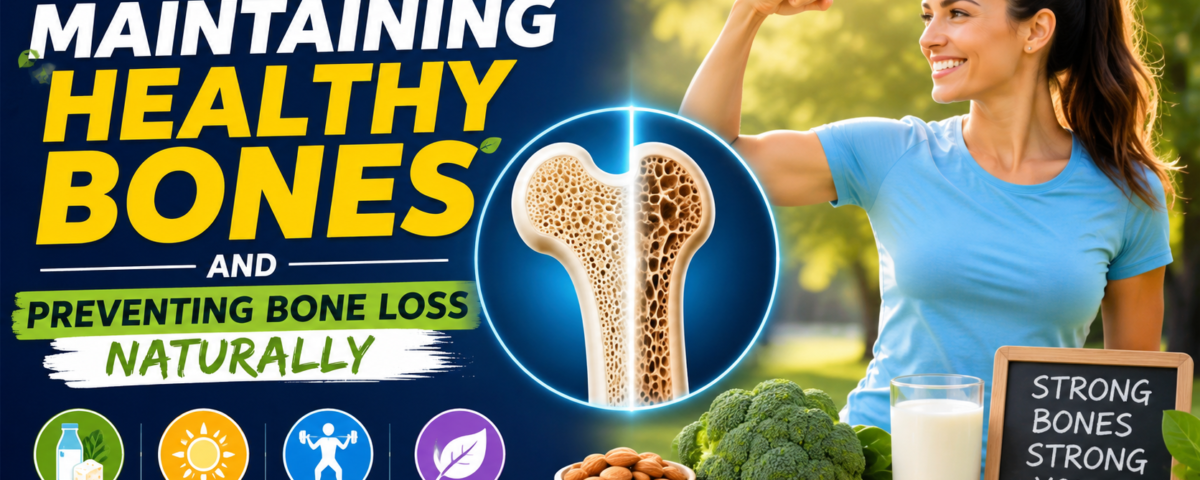 Healthy bones with calcium-rich foods, exercise, and sunlight to prevent natural bone loss.
