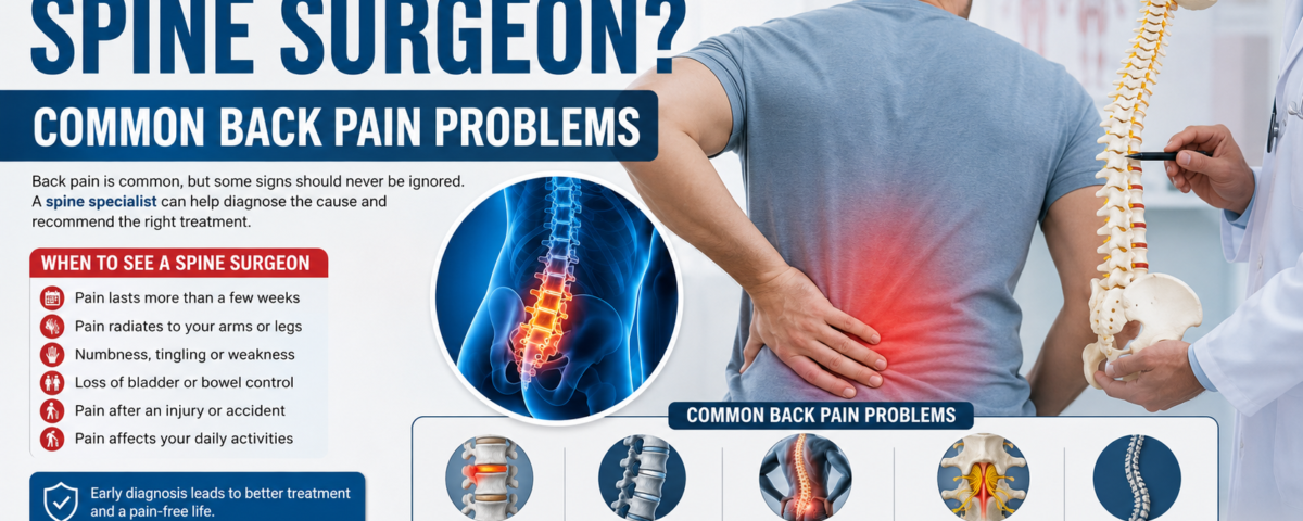 Doctor explaining common back pain problems and when patients should see a spine surgeon for diagnosis and treatment.