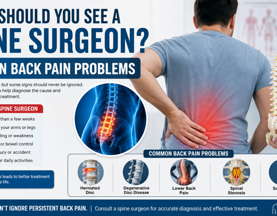 Doctor explaining common back pain problems and when patients should see a spine surgeon for diagnosis and treatment.